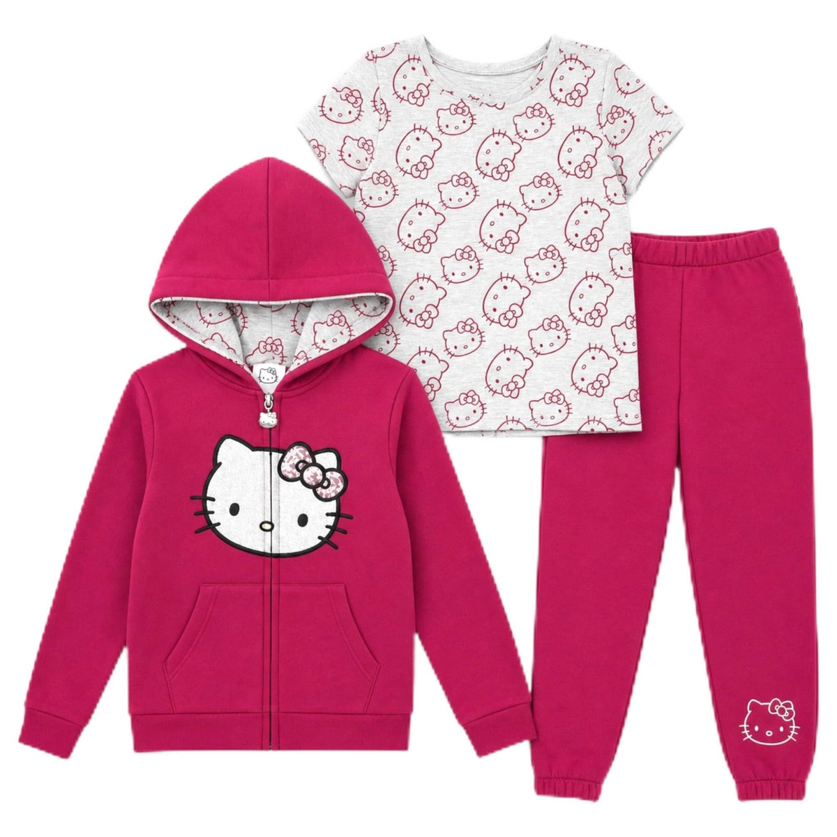 Conjunto 3 Piezas Oficial Hello Kitty para Niña: Hoodie Cremallera + Camiseta Allover + Jogger