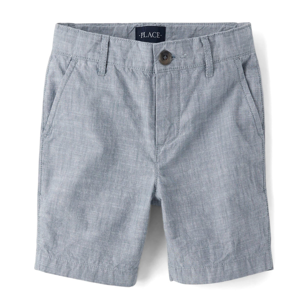 The Children's Place Short Chino Texturizado Niño | Gris Azulado/Chambray • Algodón • Botón + Cremallera