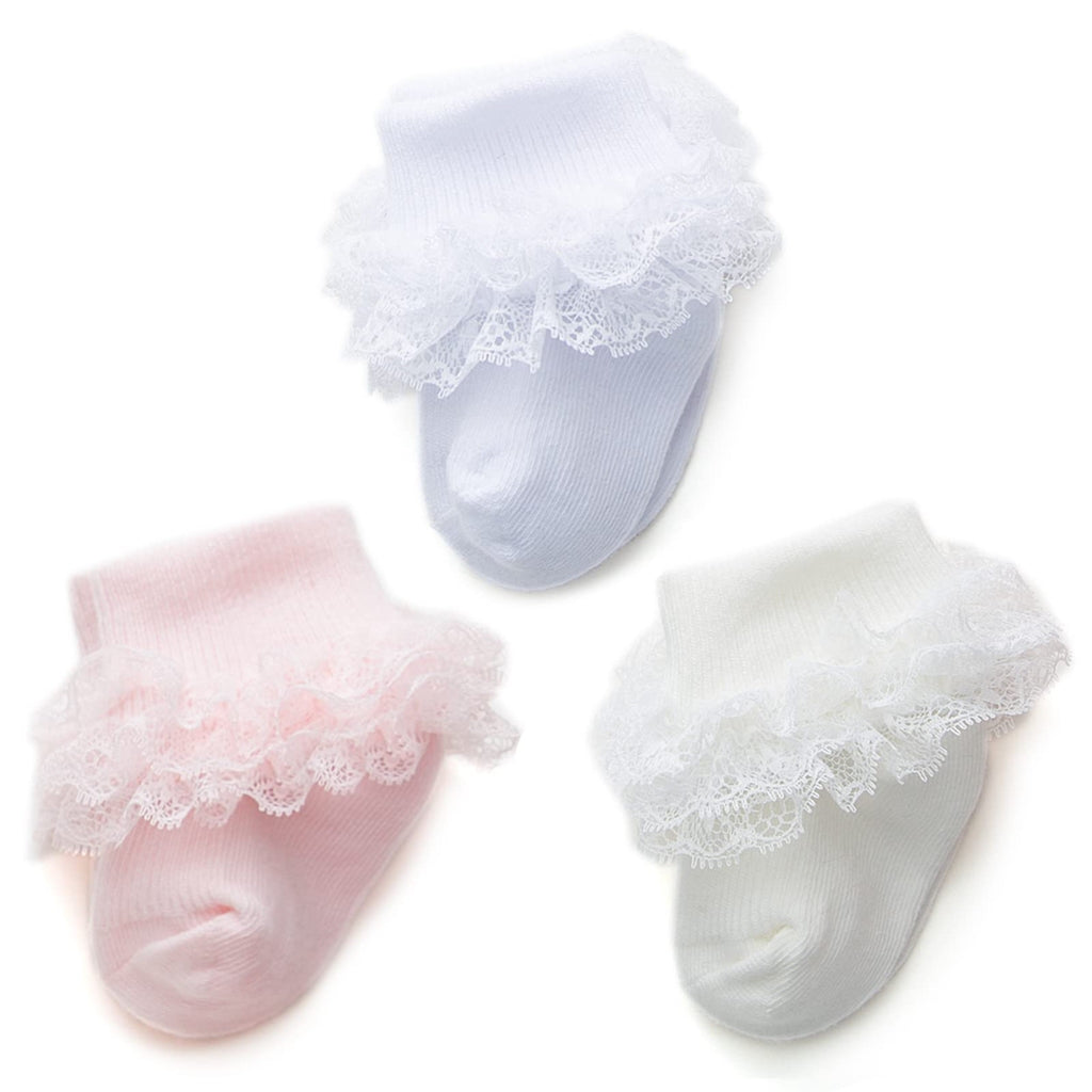 hakugoo | Calcetines Bebé Niña Pack 3 Triple Encaje Volantes Puño Vuelto Blanco Rosa Crema