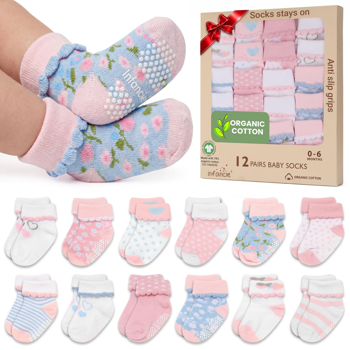 infancie | Calcetines Bebé Niña Pack 12 Algodón Orgánico GOTS Antideslizante Estampados Rosa 0-12 Meses