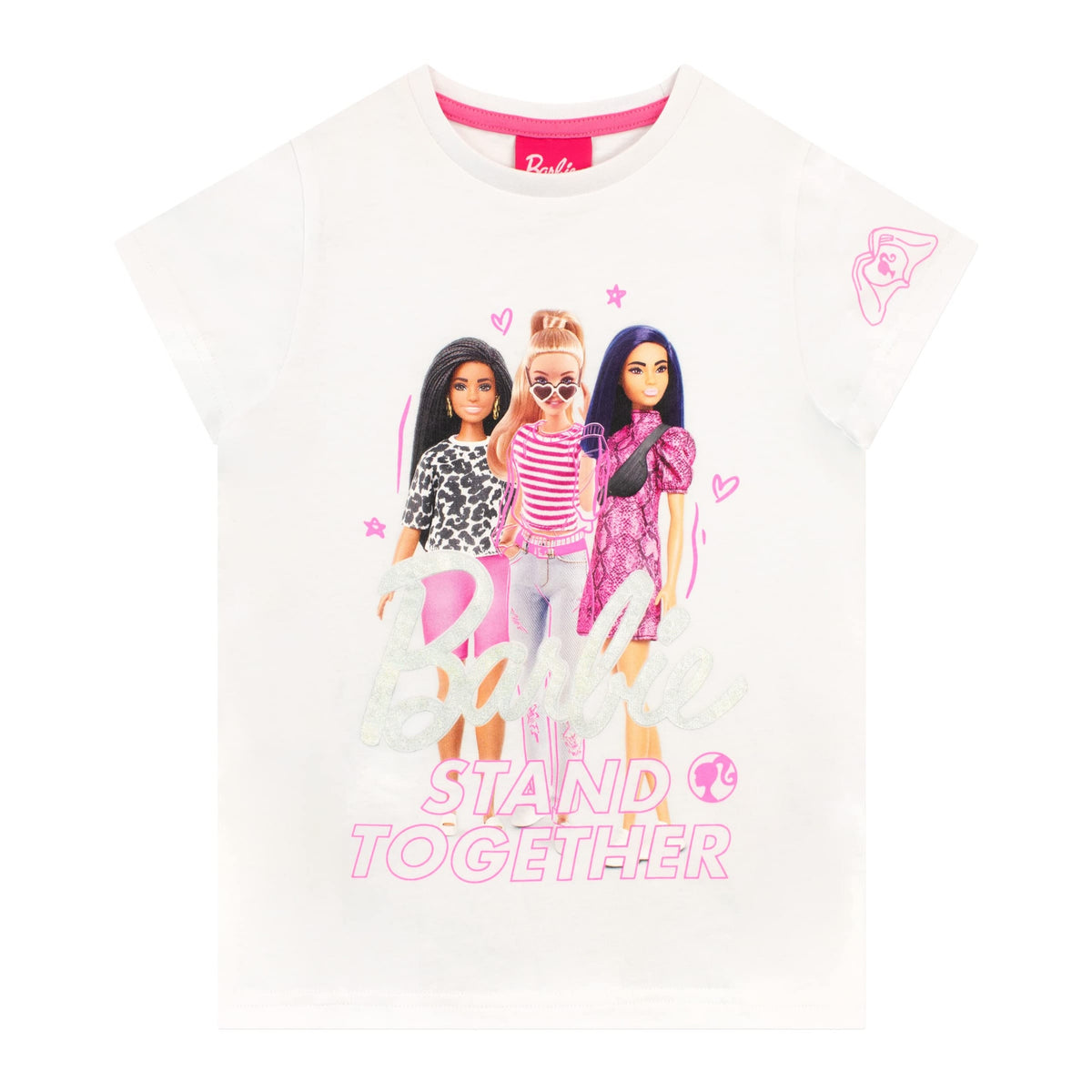 Barbie | Camiseta Nina Manga Corta | 100% Algodon | Grafico Stand Together 3 Muñecas | Logo Barbie Metalico Plateado | Corazon en Manga | Cuello Redondo | Blanco (Solo 8T)