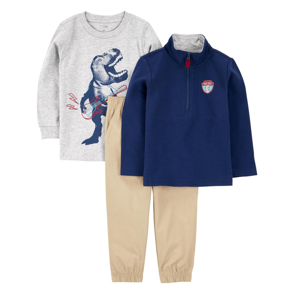 Simple Joys by Carter's Conjunto 3 Piezas Niño | Dinos Rock — Camiseta Gris Dinosaurio + Pullover Navy + Jogger Kaki