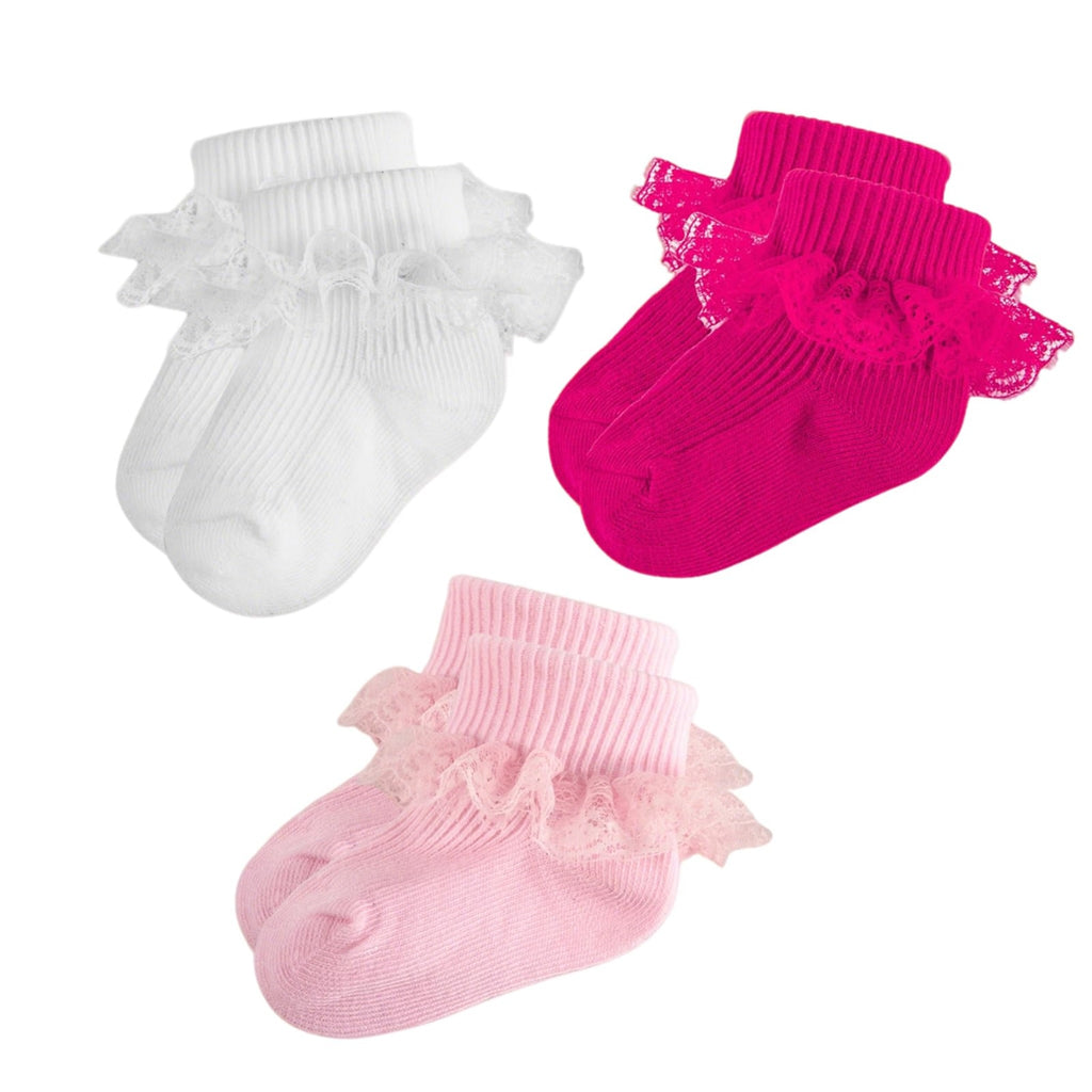 Calcetines Bebé Niña Pack 3 Algodón Canalé Encaje Volante Lazo Satín Lateral Blanco Fucsia Rosa