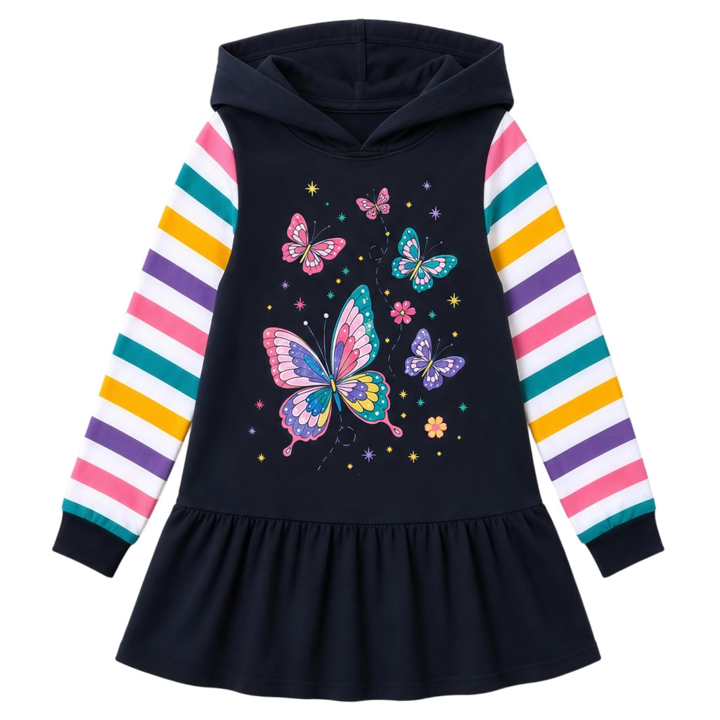Vestido Hoodie de Mariposas para Niñas – Manga Larga Rayas Arcoíris, Algodón (3 - 12T)