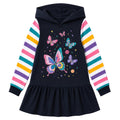 Vestido Hoodie de Mariposas para Niñas – Manga Larga Rayas Arcoíris, Algodón (3 - 12T)