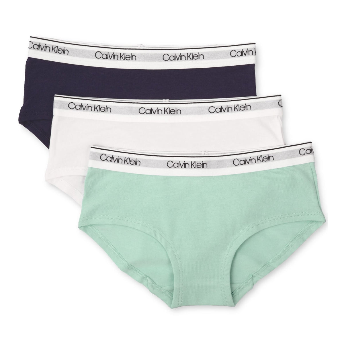 Calvin Klein | Panty Hipster Nina Pack 3 | 95% Algodon 5% Elastano | Pretina Elastica Logo CK | Transpirable Duradero | Navy + Blanco Clasico + Verde Menta (Solo 14-16T)
