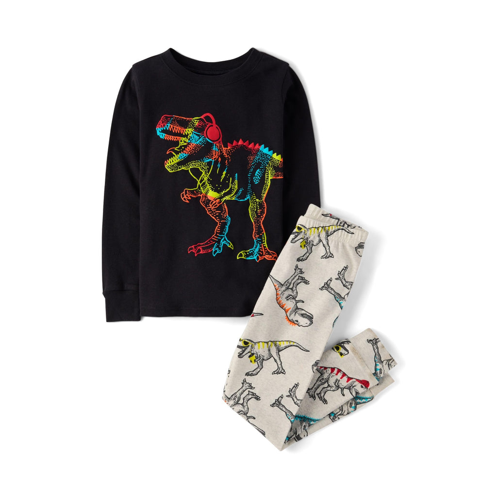 Pijama 2 Piezas The Children's Place | 100% Algodón + T-Rex DJ Audífonos Neón + Dinosaurios All-Over | Niño Negro/Beige (4T - 16T)