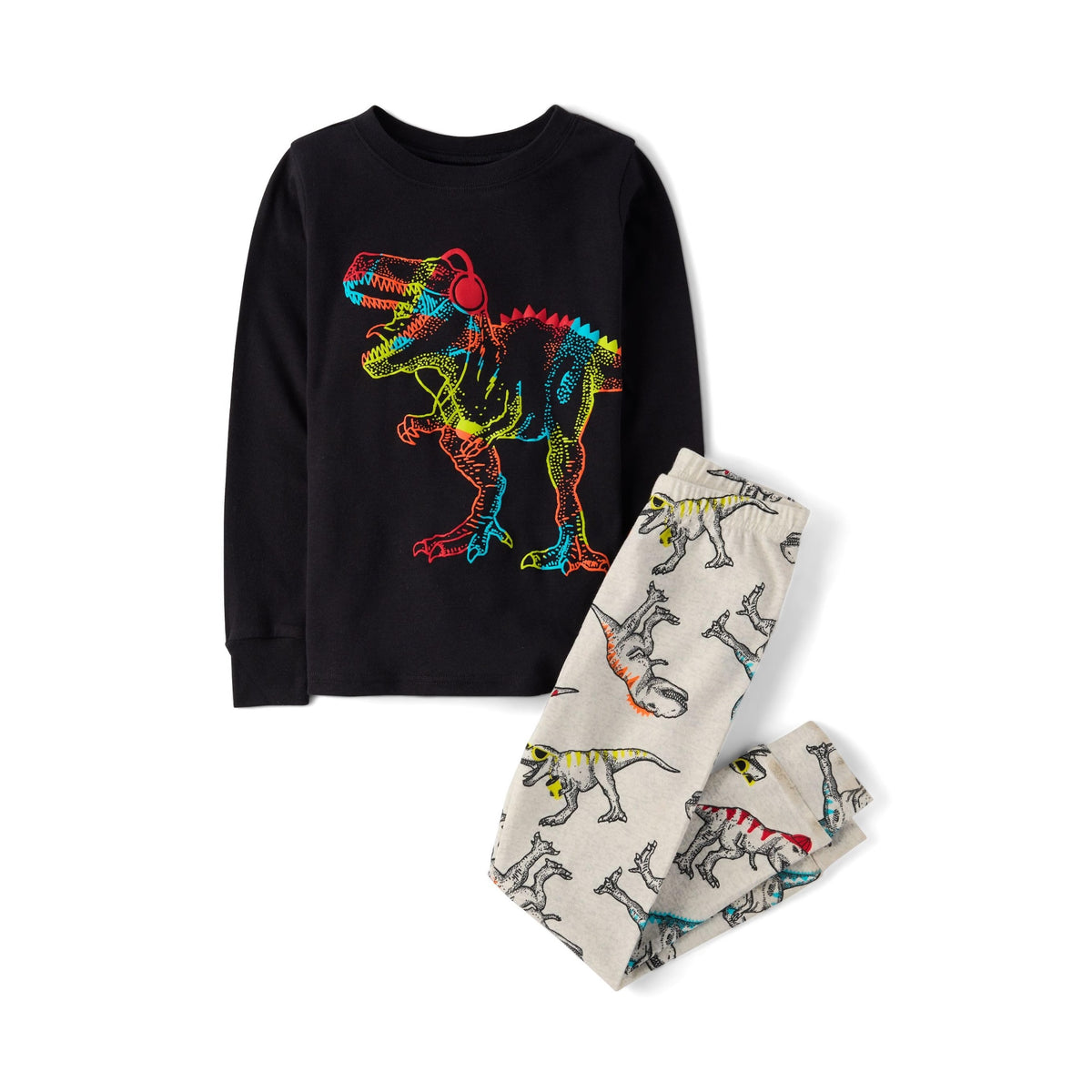 Pijama 2 Piezas The Children's Place | 100% Algodón + T-Rex DJ Audífonos Neón + Dinosaurios All-Over | Niño Negro/Beige (4T - 16T)