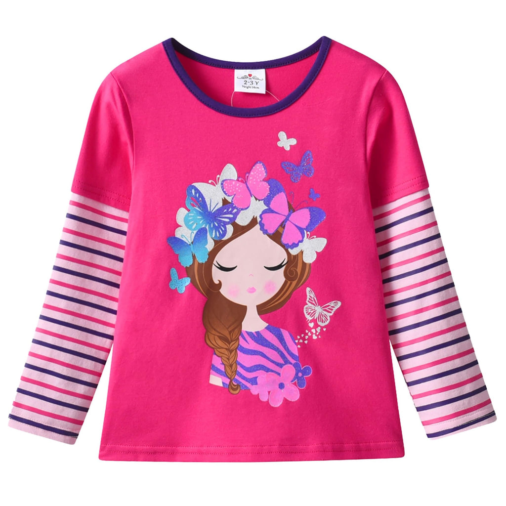 Top de Manga Larga con Niña y Mariposas para Niñas – Rosa Fucsia a Rayas Morado y Rosa, Algodón (2-12 Años)