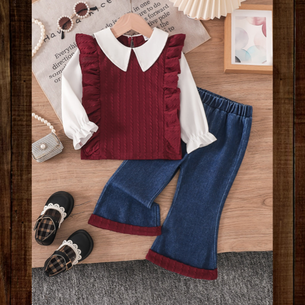 Conjunto de 2 Piezas para Niña: Camisa de Punto con Cuello y Volantes Rojos y Pantalón Largo Acampanado de Mezclilla (Estilo Invernal) (12M - 24M)