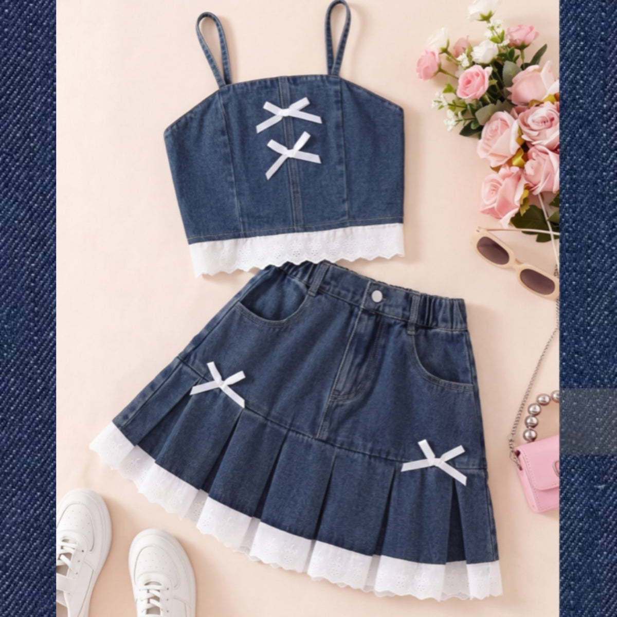 Conjunto Elegante de Top de Tirantes y Falda Plisada de Mezclilla para Niñas con Adornos de Encaje y Lazos (Estilo Casual de Verano para Adolescentes) (Talla 8Y y 12Y)