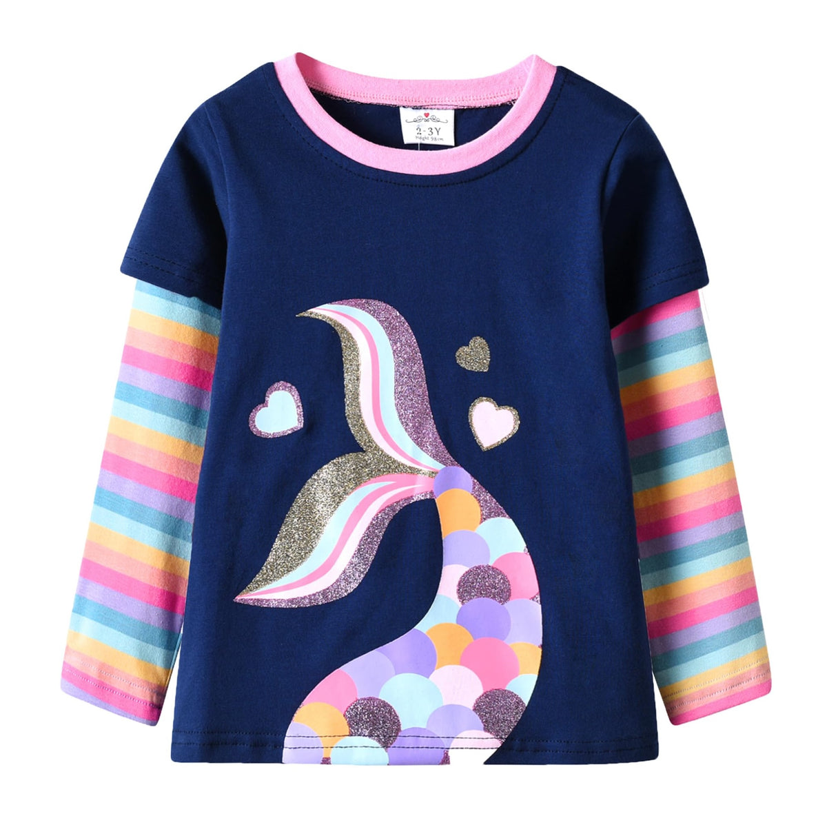 Top de Manga Larga con Cola de Sirena para Niñas – Azul Marino con Rayas Arcoíris Pastel, Algodón, (2-12 Años)