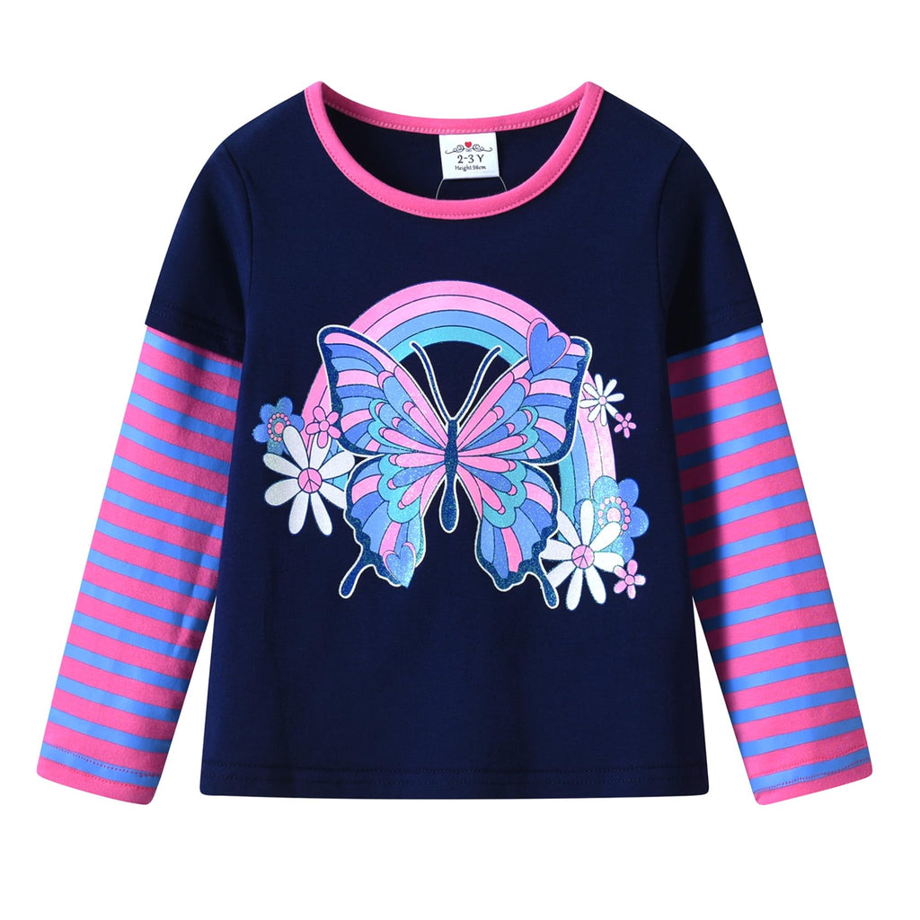 Top de Manga Larga con Mariposa y Arcoíris para Niñas – Azul Marino a Rayas Rosa y Azul, Algodón (2-12 Años)