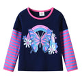 Top de Manga Larga con Mariposa y Arcoíris para Niñas – Azul Marino a Rayas Rosa y Azul, Algodón (2-12 Años)