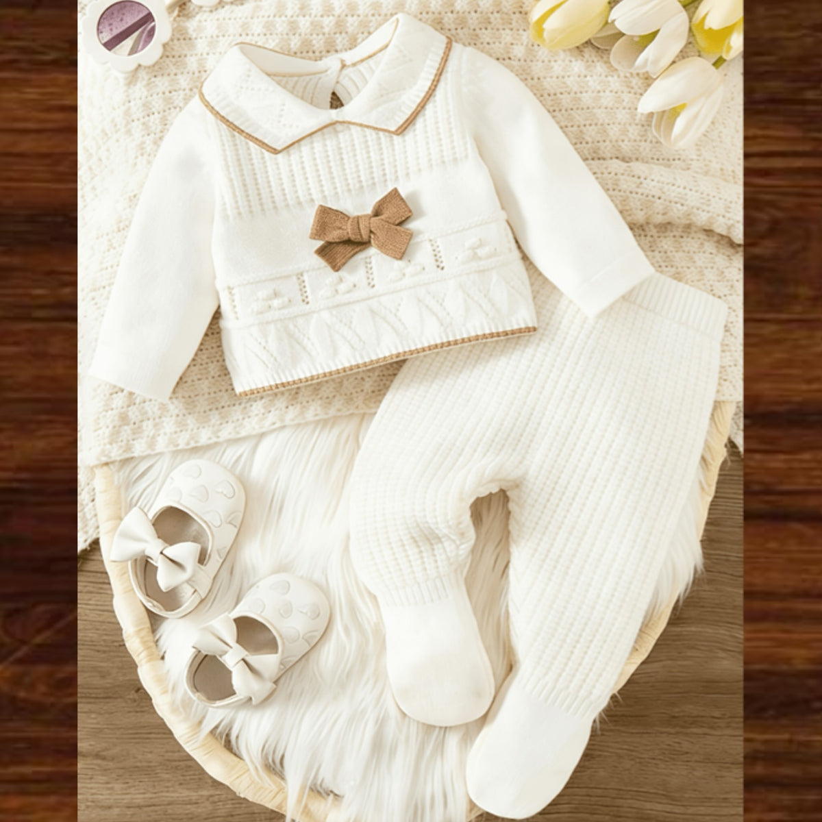 Conjunto de Ropa Tejida de Manga Larga con Lazo para Bebé en Color Blanco y Marrón (Suéter con Cuello y Pantalón con Pies, Estilo Elegante para Primavera) (1M - 9M)