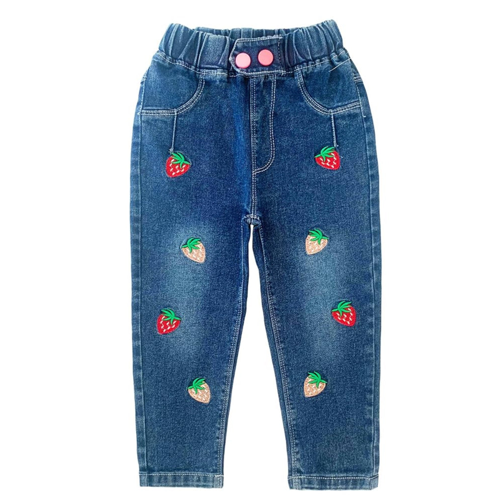 Jean Slim Niña | Azul Medio Desgastado • Apliques Fresa Bicolor (Roja + Dorada Glitter)
