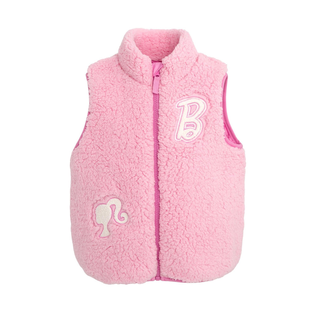 Chaleco Sherpa Barbie Oficial | Piel Oveja Sintética + Parches Felpilla “B” + Cuello Alto | Niña Rosa (5-16 Años)