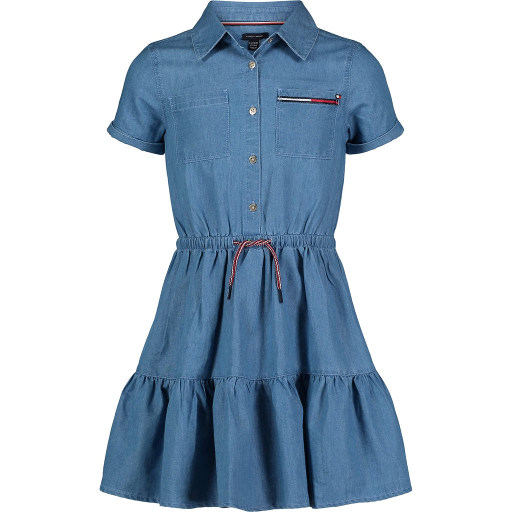 Tommy Hilfiger Vestido Camisero Chambray Niña | Azul Lavado Highline • Cordón Tricolor • Falda con Volantes