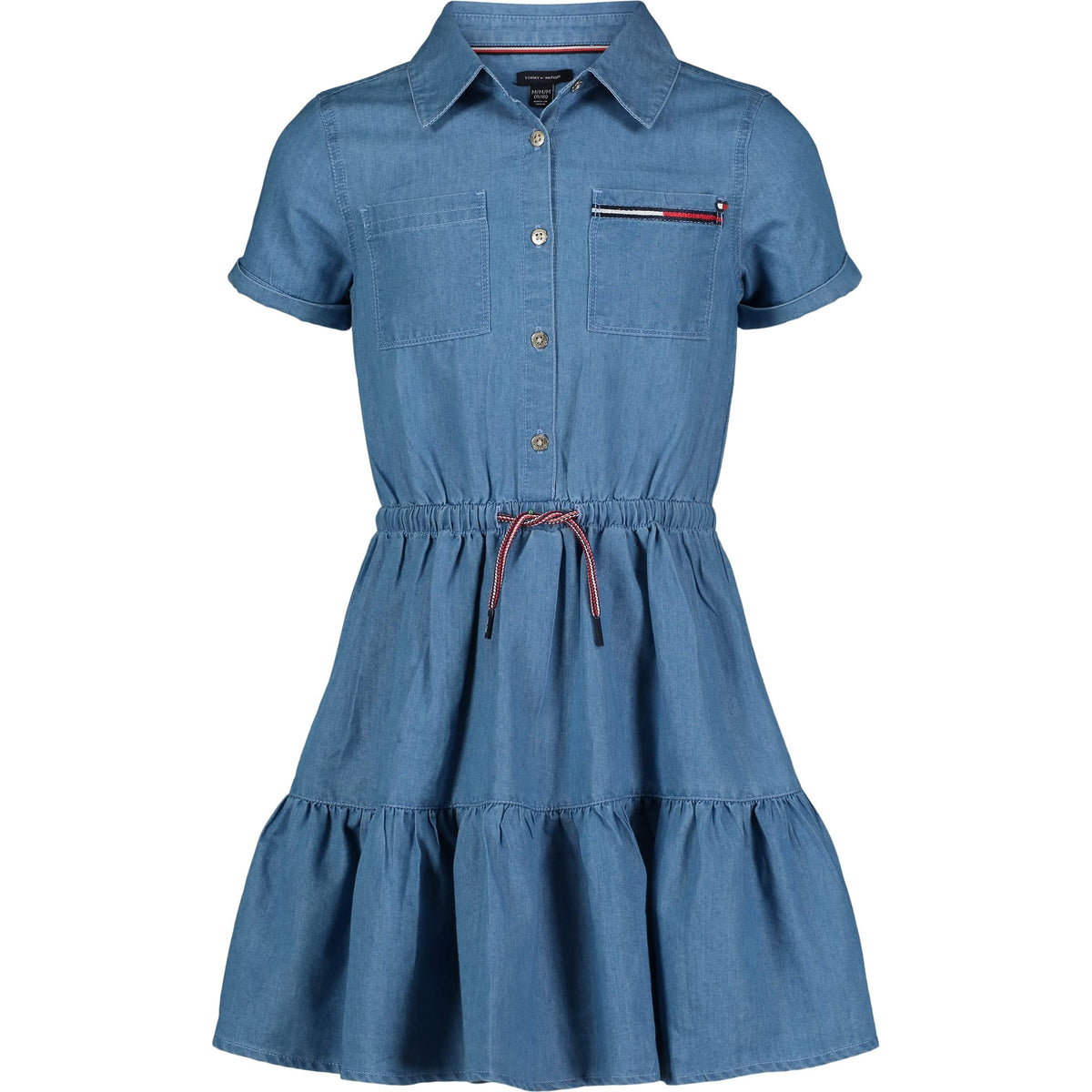 Tommy Hilfiger Vestido Camisero Chambray Niña | Azul Lavado Highline • Cordón Tricolor • Falda con Volantes