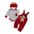 Gingerbread Newborn Set | Conjunto 3 Piezas Bebé — Body Rayas + Overol Rojo + Gorro Navideño