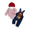 Rudolph Navy Newborn Set | Conjunto 3 Piezas Bebé — Body Rayas Rojo + Overol Azul Marino + Reno Navideño + Gorro Tejido