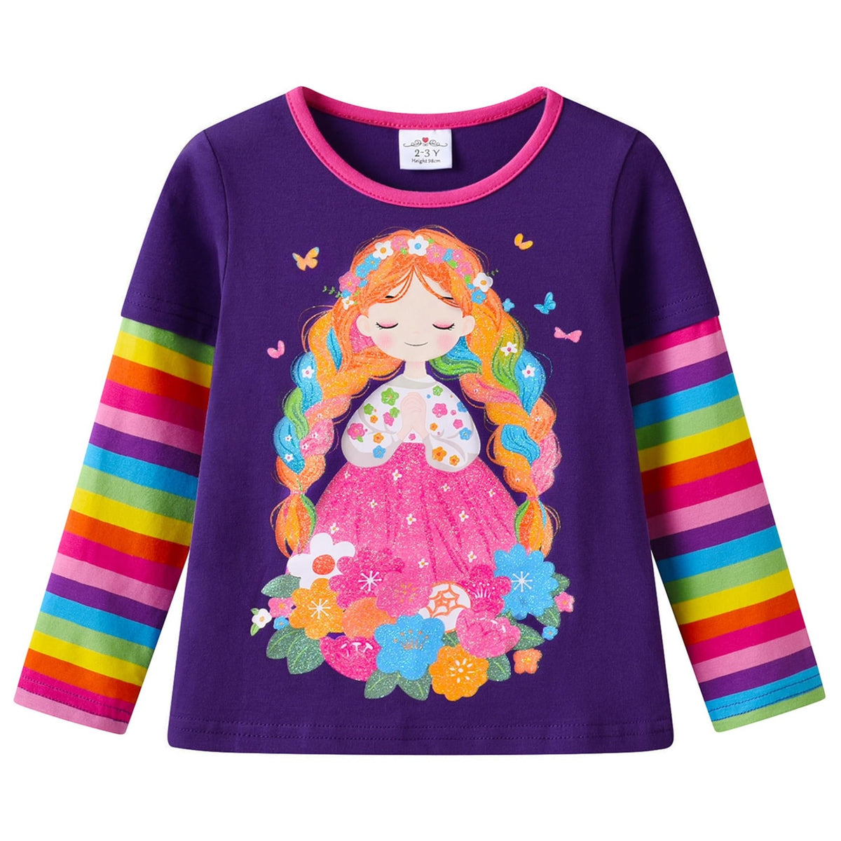 Top de manga larga morado con princesa de cabello arcoíris trenzado, flores coloridas y mangas a rayas arcoíris para niñas