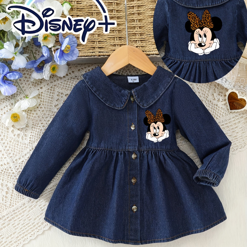 Vestido de Mezclilla de Manga Larga con Cuello Peter Pan y Estampado de Minnie Mouse de Disney para Niñas (Estilo Casual y Versátil) (6M - 3T)