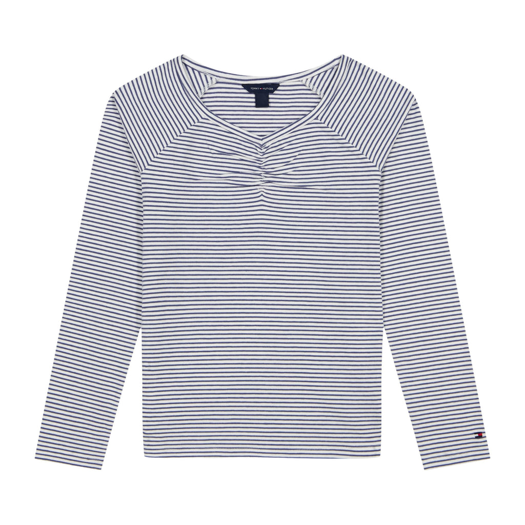 Tommy Hilfiger | Camiseta Nina Manga Larga | 94% Algodon 6% Elastano | Cuello Barco con Nudo Twist | Textura Acanalada 1x1 | Corte Ajustado | Rayas Blanco + Navy Fino (7 - 16T)
