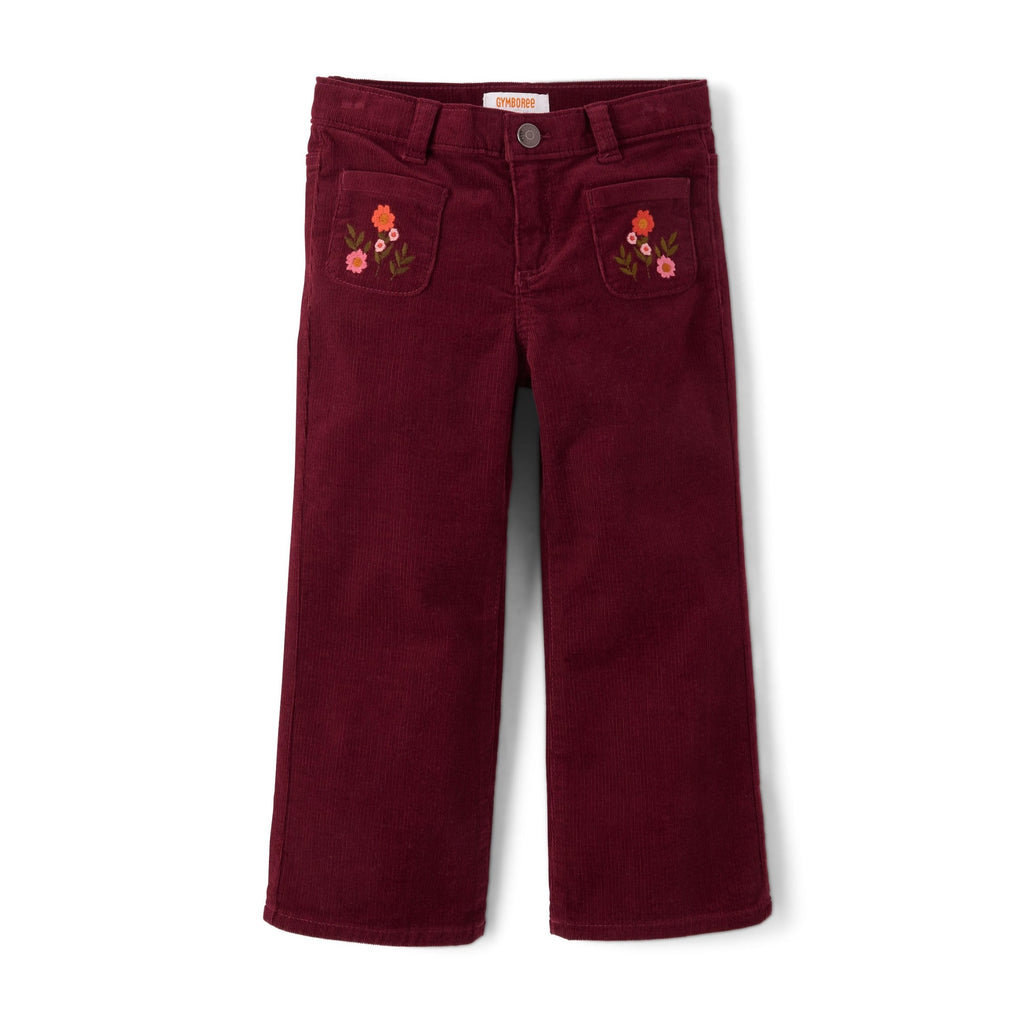Gymboree Pantalón Ancho de Pana Burdeos con Flores Bordadas (12M - 24M)