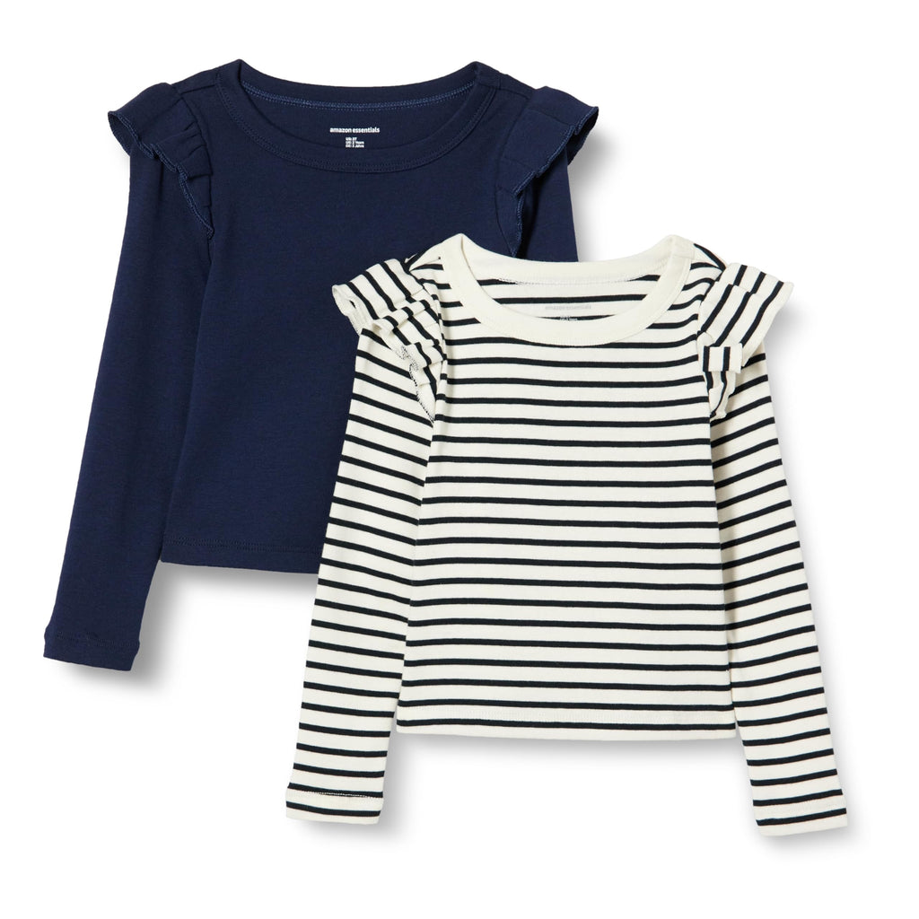 Amazon Essentials Pack x2 Camisetas Niña | Navy + Rayas • Manga Larga con Volantes
