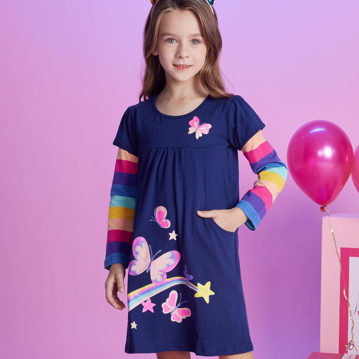 Vestido Niña VIKITA | 100% Algodón + Mariposas Rosas + Arcoíris + Estrellas + Bolsillos | Navy/Arcoíris Cumpleaños (3-8 Años)