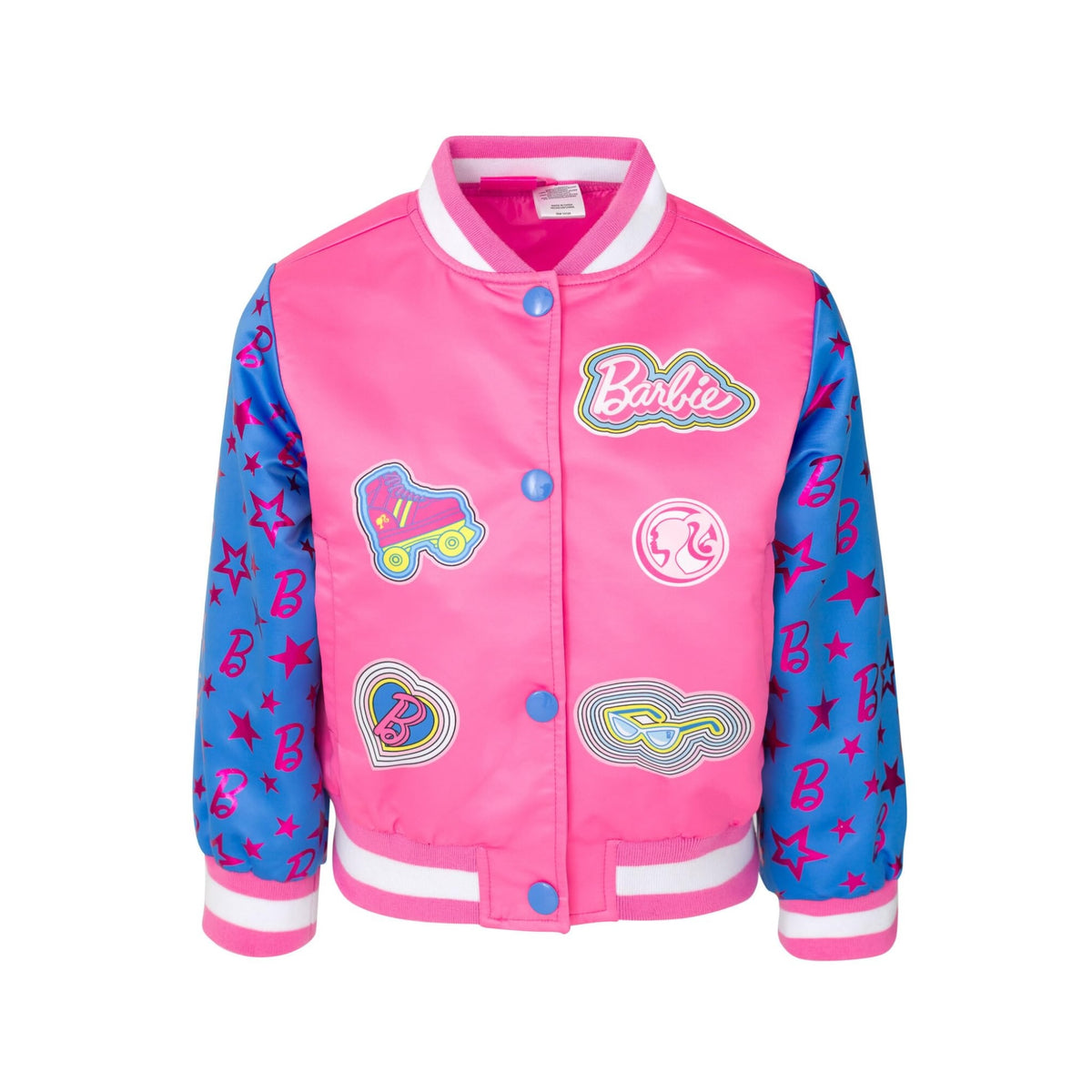 Chaqueta Bomber Varsity Barbie Oficial | Bicolor Rosa + Azul + 5 Parches Appliqüé + Mangas Raglán Estrellas | Niña (4-8T)