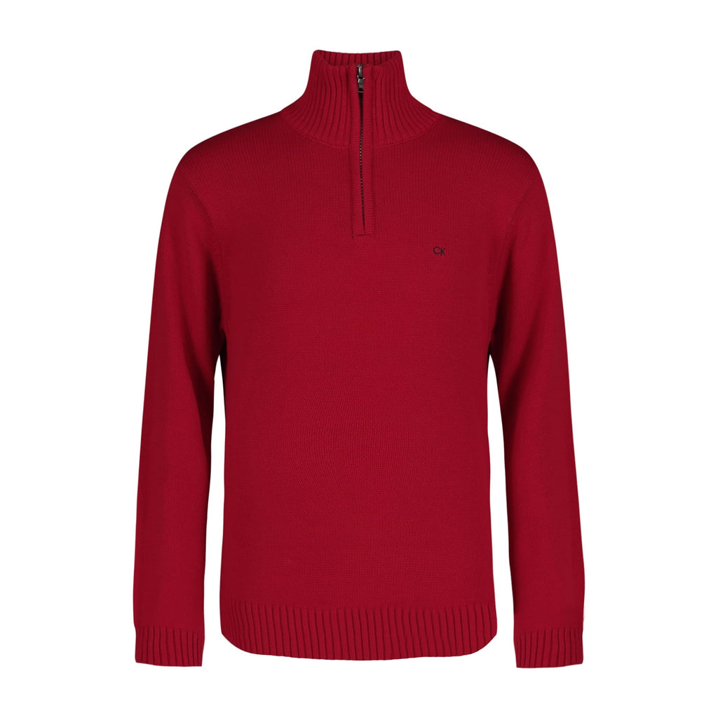 Suéter Half-Zip Calvin Klein | Mock-Neck Acanalado Rojo Carmesí + Logo CK | 100% Algodón | Niño (8T - 16T)