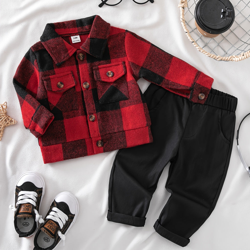 Conjunto de 2 Piezas "Red Lumberjack" para Niño – Chaqueta de Cuadros Rojos y Negros con Pantalón Casual (Primavera/Otoño (3M - 3Y)