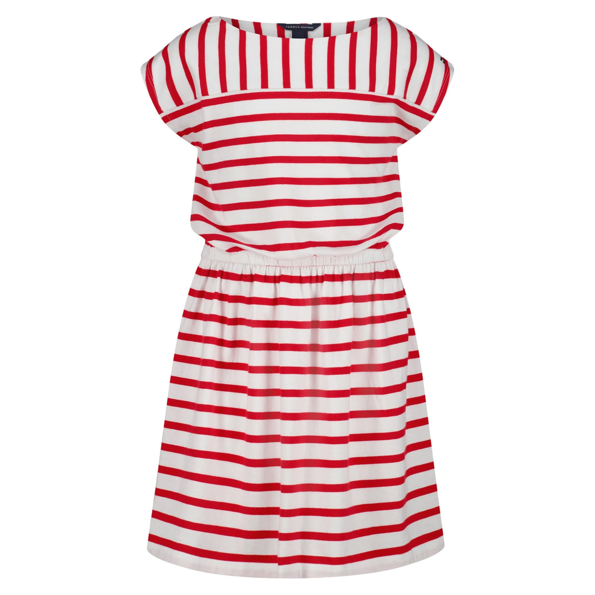 Tommy Hilfiger Vestido Jersey Rayas Niña | Rojo/Blanco • Cuello Barco • Manga Casquillo • Bandera TH • Cintura Elástica