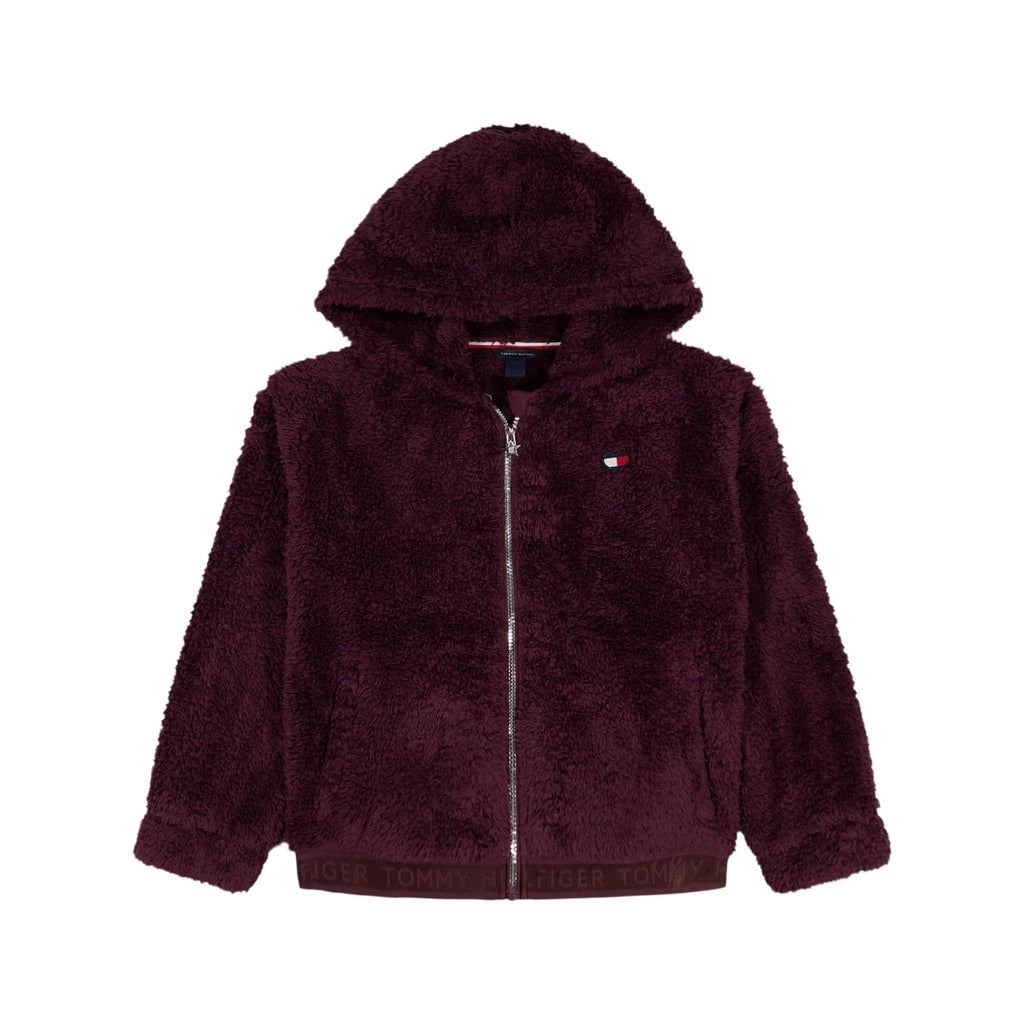 Chaqueta Sherpa Faux Fur Full-Zip Tommy Hilfiger | Fluffy Burgundy Vino + Dobladillo Jacquard TOMMY | Niña (8T - 14T)