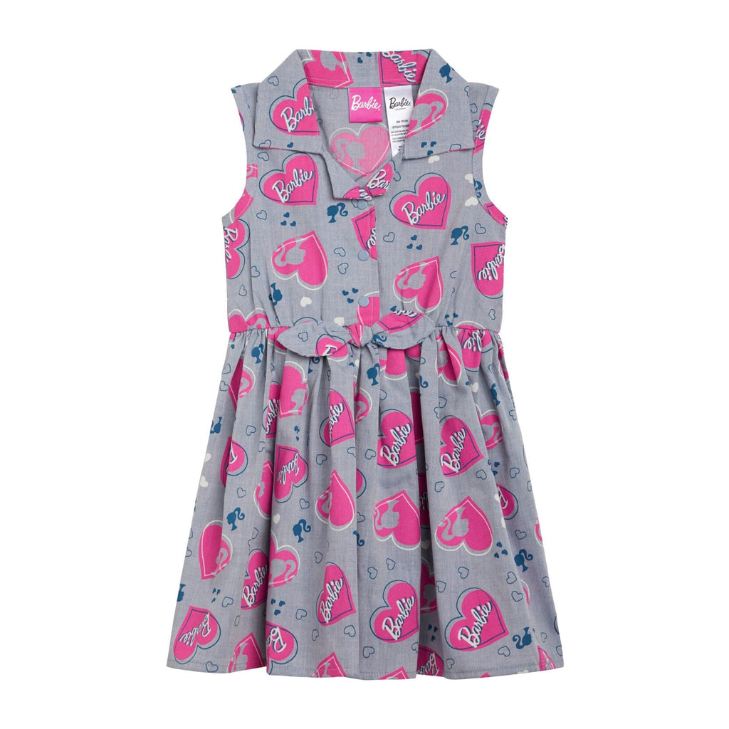 Vestido Barbie Niña | 100% Algodón + Chambray All-Over Corazones Fucsia + Camisero Sin Mangas | Azul/Rosa Licencia Oficial (2T - 16T)