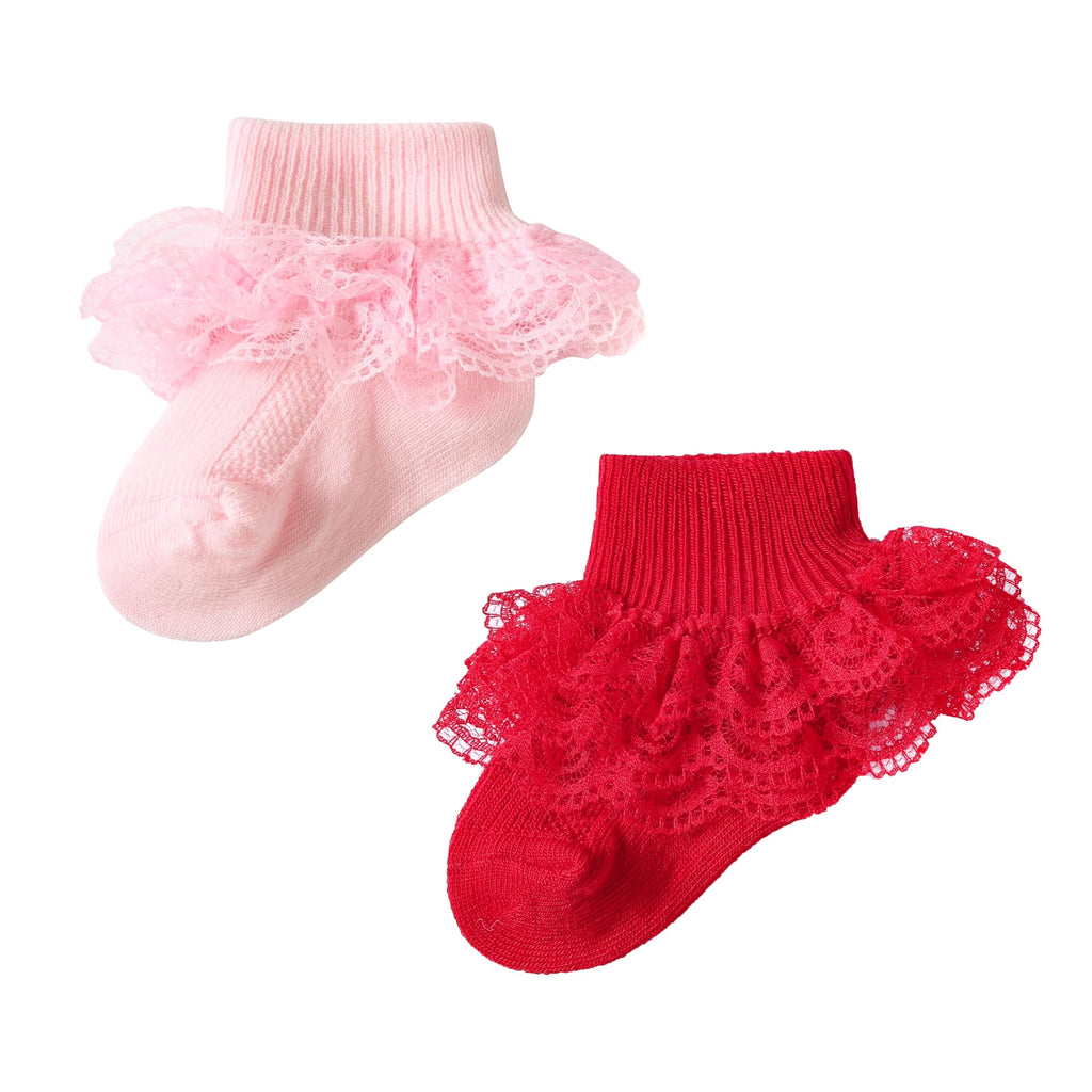 Calcetines Bebé Niña Pack 2 Algodón Canalé Encaje Volante Clásico Rosa Suave Rojo Navidad Ocasión