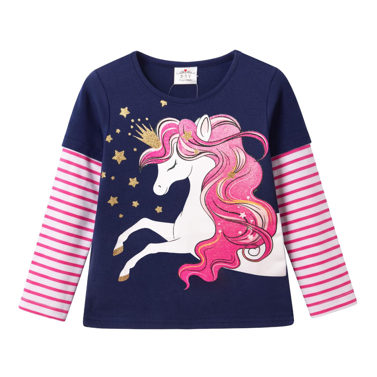 Top de Manga Larga con Unicornio Coronado para Niñas – Azul Marino a Rayas Rosa, Algodón (2-12 Años)