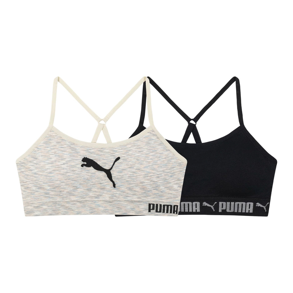 PUMA | Bralette Nina Pack 2 | 94% Nailon 6% Licra | Sin Costuras | Correas Espagueti Ajustables | Galletas Removibles | Gris Heather Tinte Espacial + Negro (6 - 14T)
