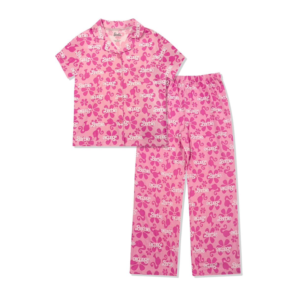 Pijama 2 Piezas Barbie Oficial Floral | Manga Corta Botones Estilo Abrigo + Pantalón | Niña Rosa (4-10 Años)
