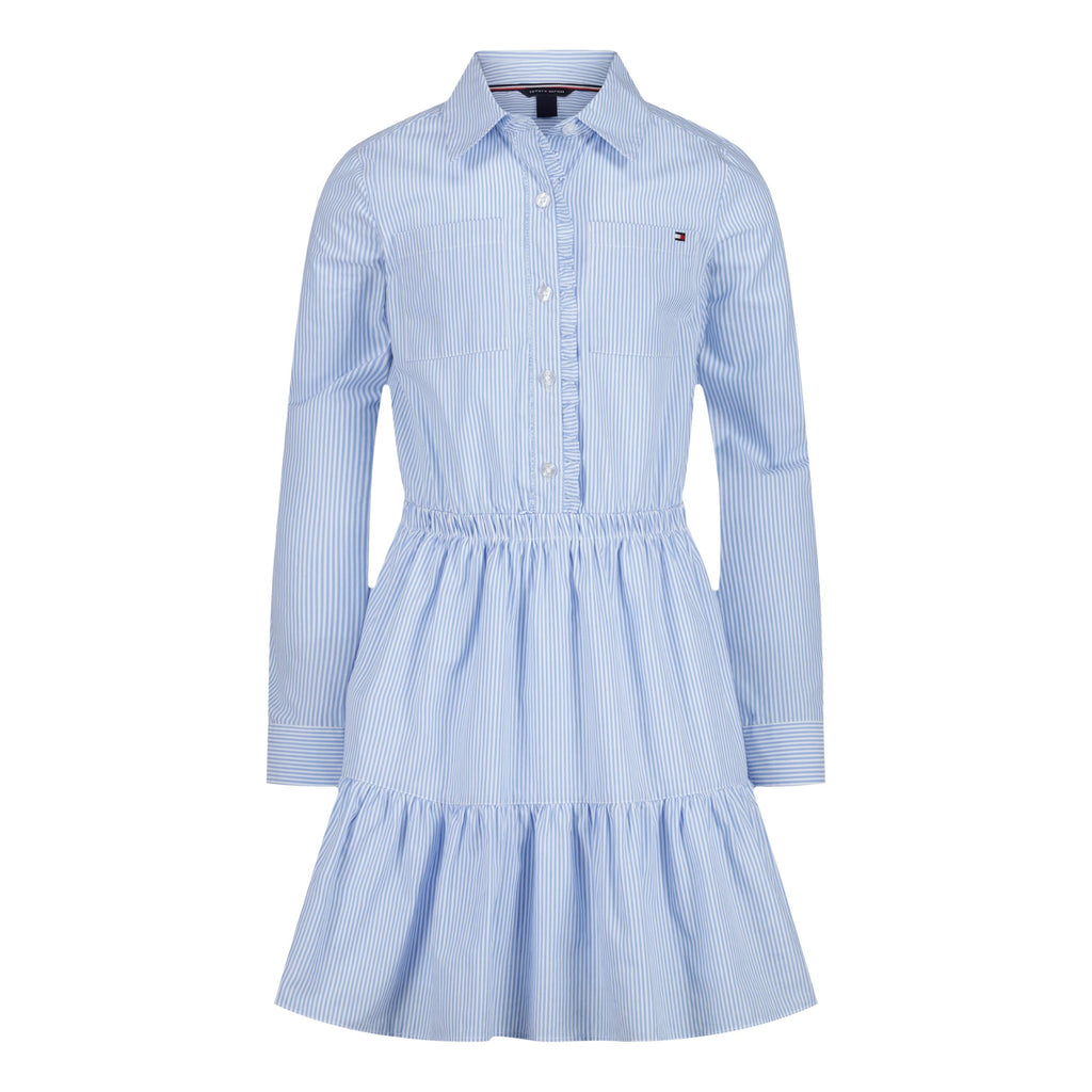 Tommy Hilfiger Vestido Camisero Niña | Rayas Ithaca Azul/Blanco • Manga Larga • Cintura Fruncida • Falda Volantes