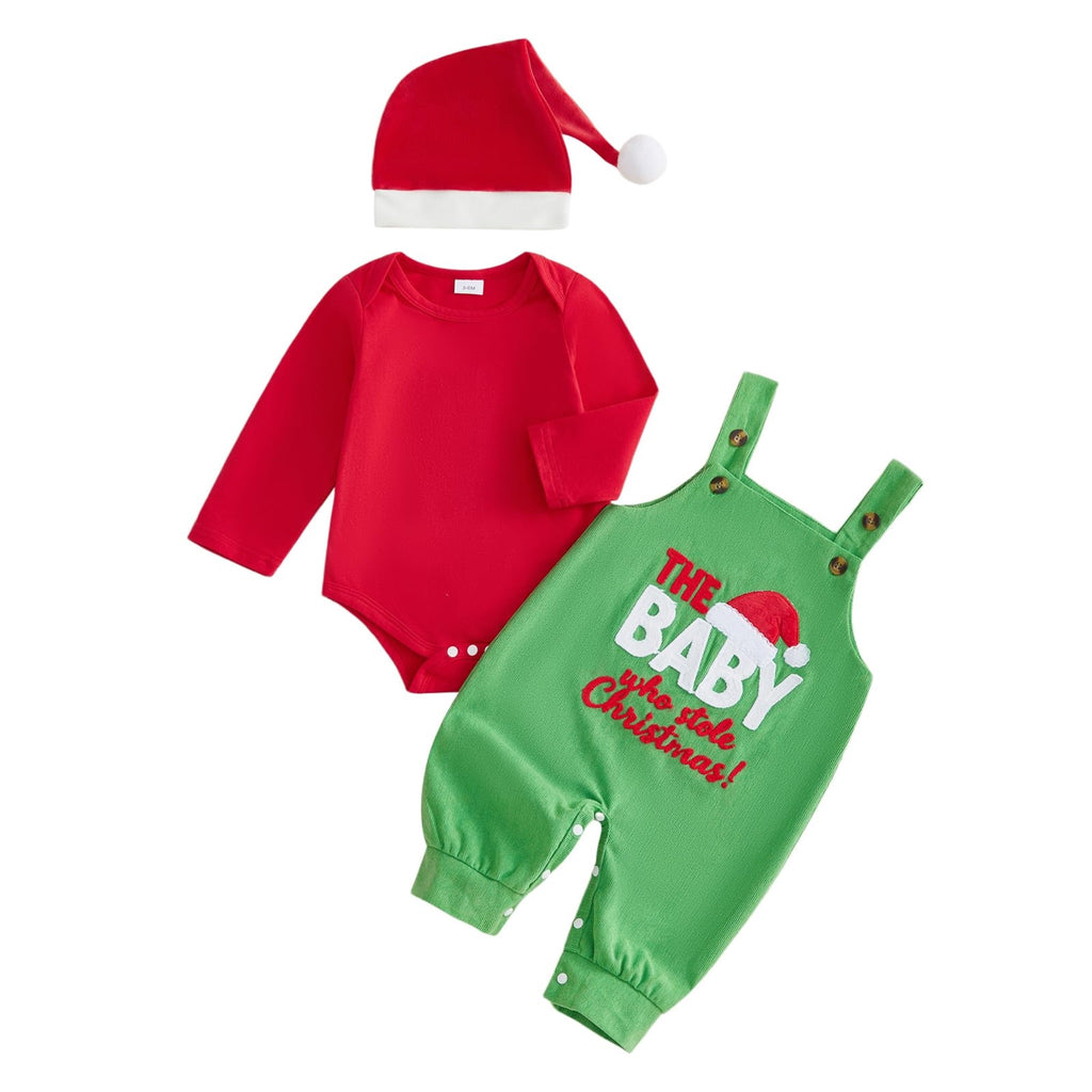 The Baby Who Stole Christmas Red | Conjunto 3 Piezas Bebé — Body Rojo + Overol Verde + Gorro Papa Noel