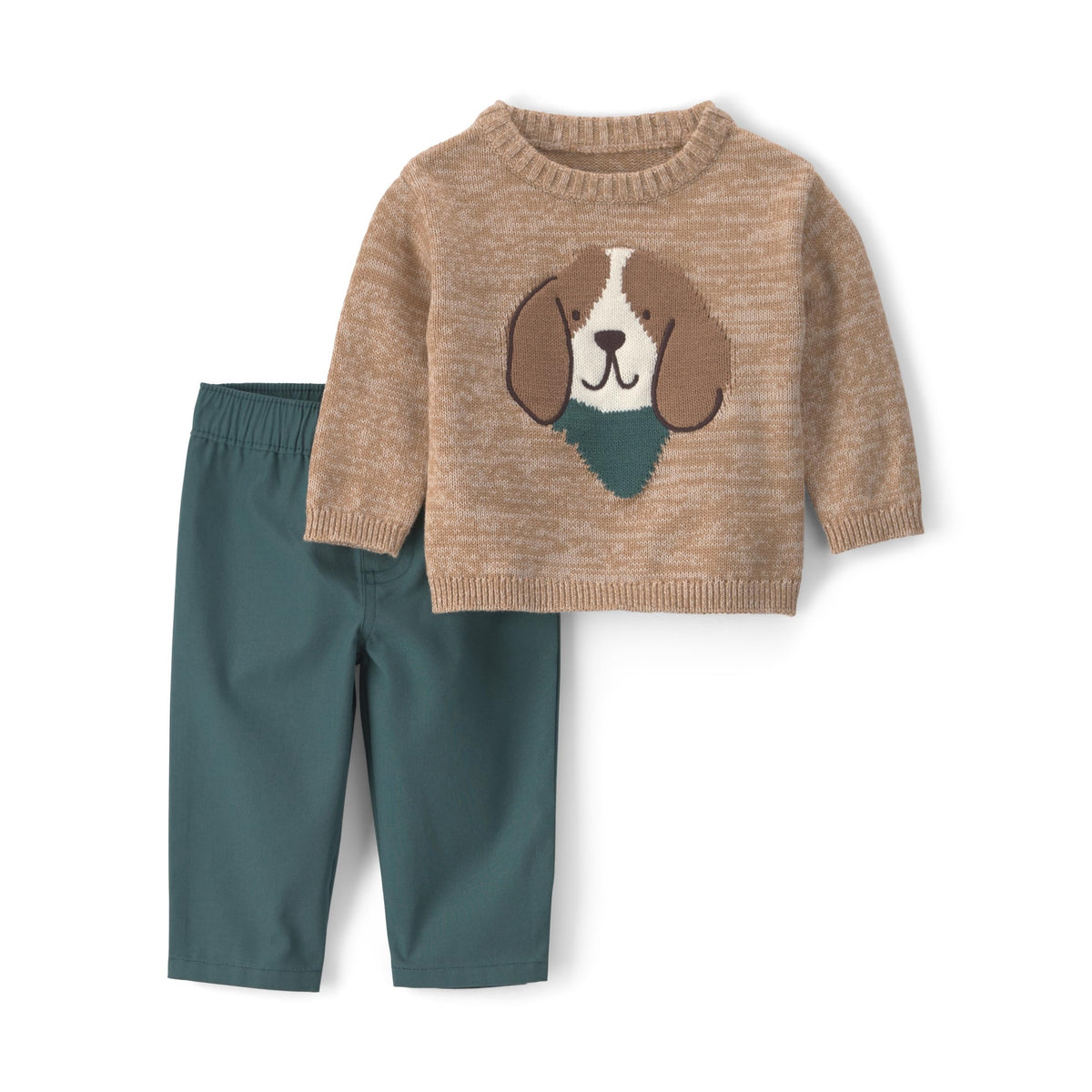 Conjunto 2 Piezas Carter's | Suéter Tejido Perrito Beagle Intarsia + Pantalón Verde Teal | Bebé Niño (0M - 24M)