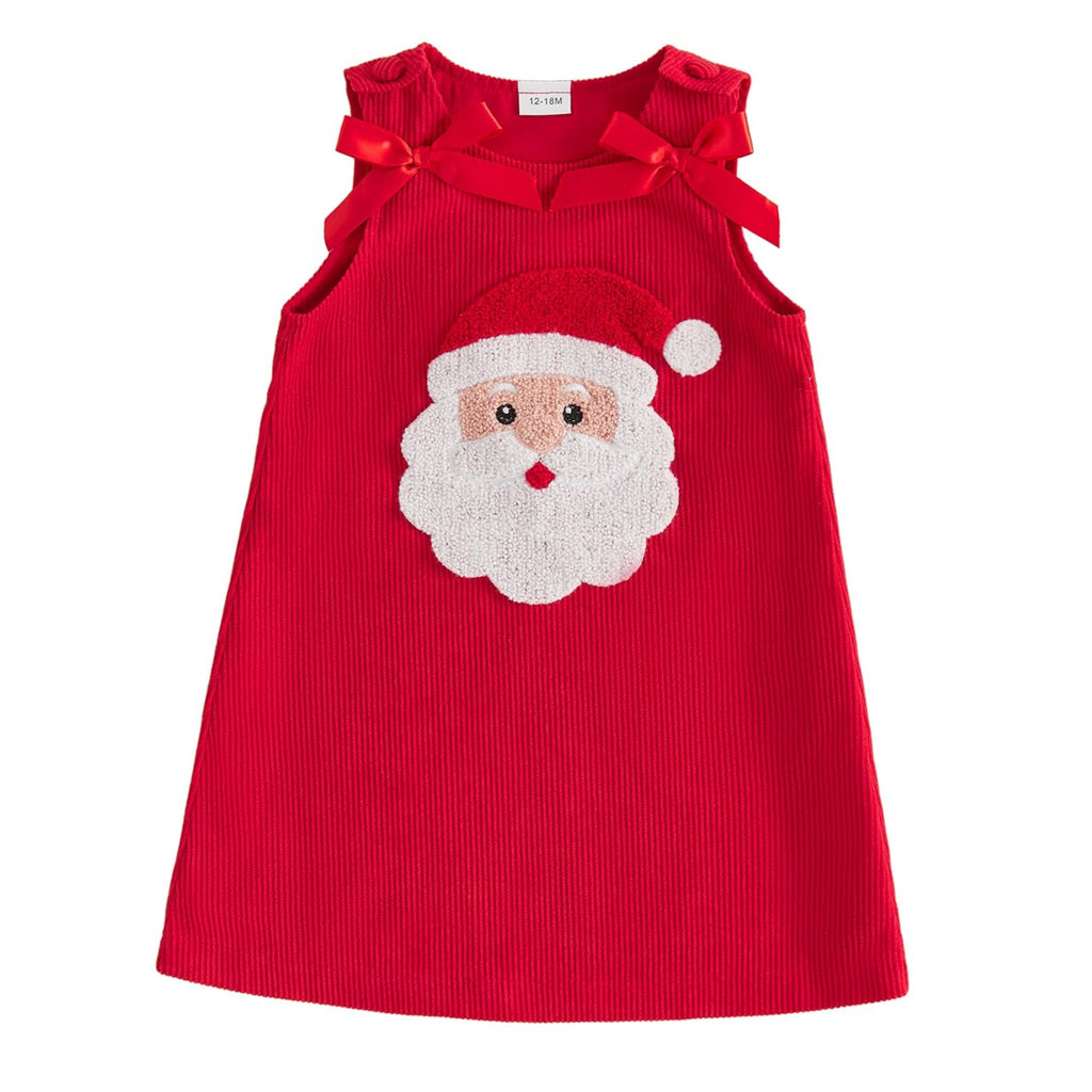 Santa Face Rojo | Vestido Pana Roja Nina Sin Mangas + Cuello Redondo + Aplicacion Papa Noel 3D + Lazos