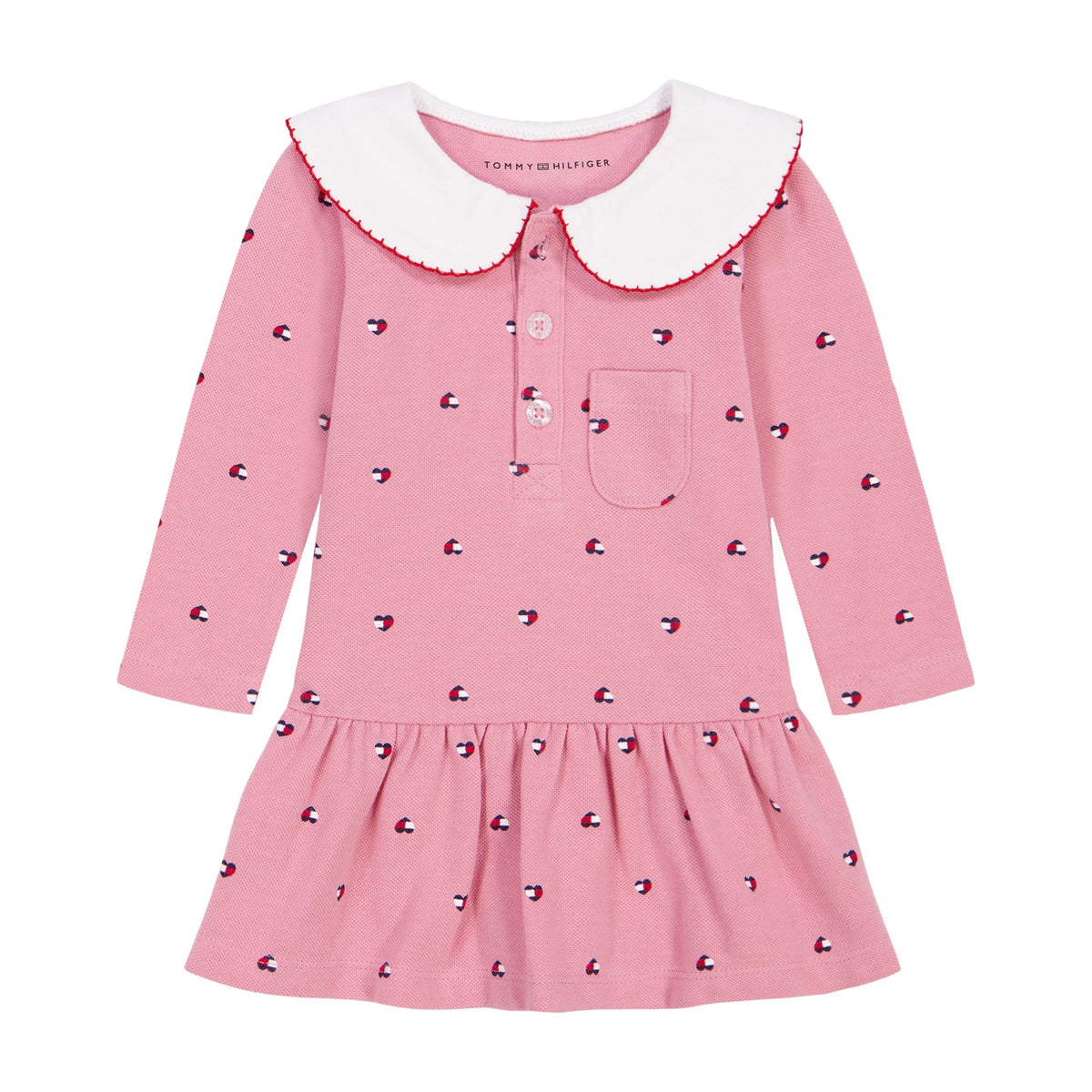 Tommy Hilfiger Vestido Polo Piqué Niña | Rosa Estampado Mini Logo TH • Cuello Peter Pan Blanco