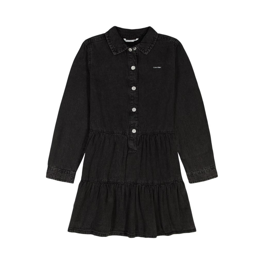 Calvin Klein Vestido Camisero Denim Niña | Negro Lavado • Manga Larga • Falda por Niveles con Volantes