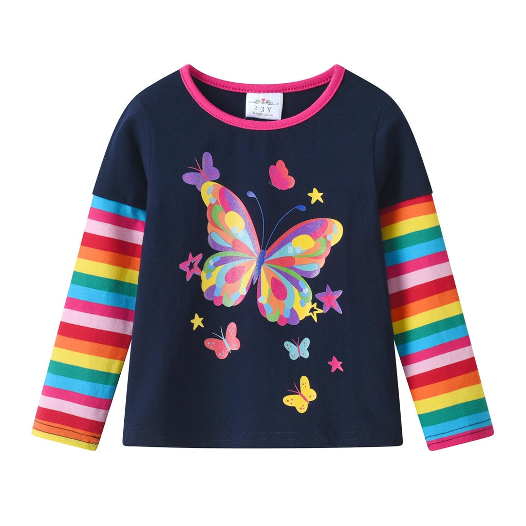 Top de manga larga azul marino con mangas a rayas arcoíris vivo y mariposa multicolor grande con mariposas pequeñas y estrellas para niñas