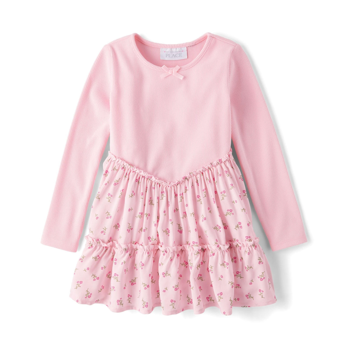 The Children's Place | Vestido Rosa Acanalado Falda Floral Escalonada Manga Larga Niña
