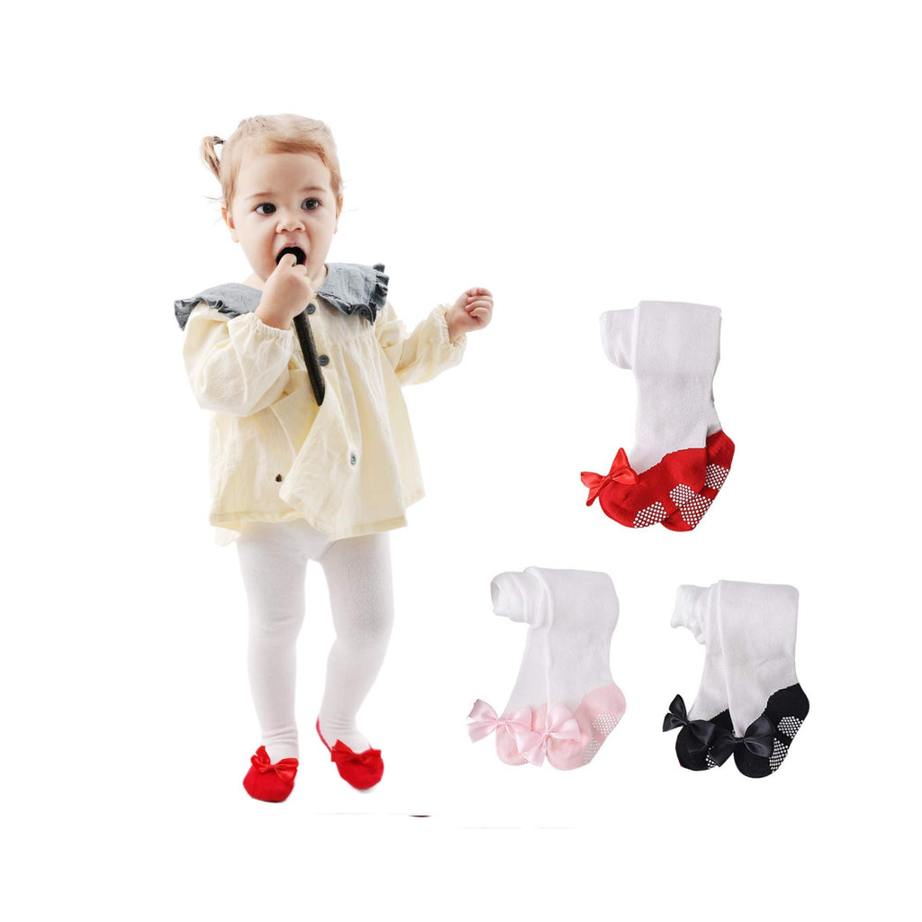 Pack 3 Mallas Antideslizantes con Lazo EPEIUS | Agarre Completo + Algodón Peinado + Blanco Rojo Rosa Negro | Bebé Niña 0-24M)